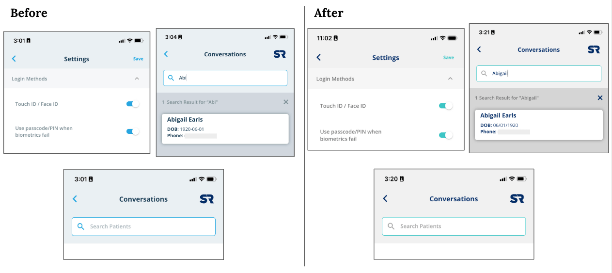 rebrand mobile settings and patient search screenshot