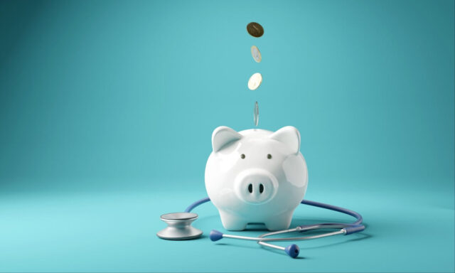 illustration of stethoscope, piggy bank, and coins