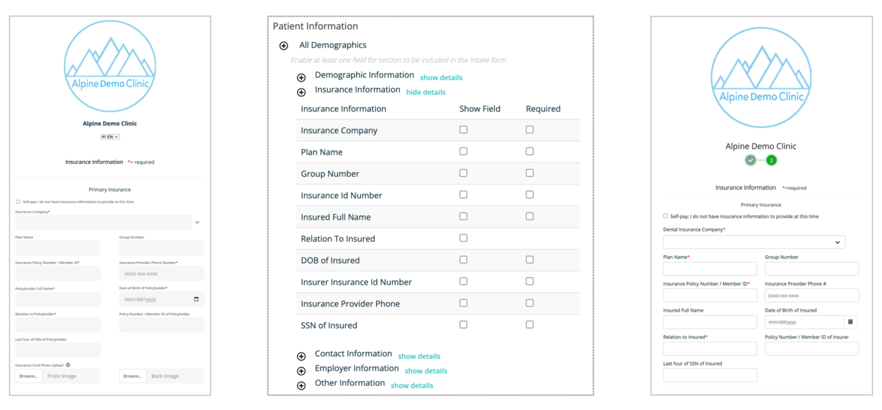 insurance collect insurer policy ID on intake and the insurance form screenshots