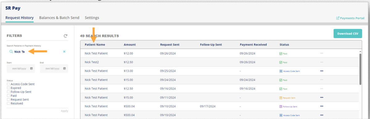 SR Pay payment history table search screenshot