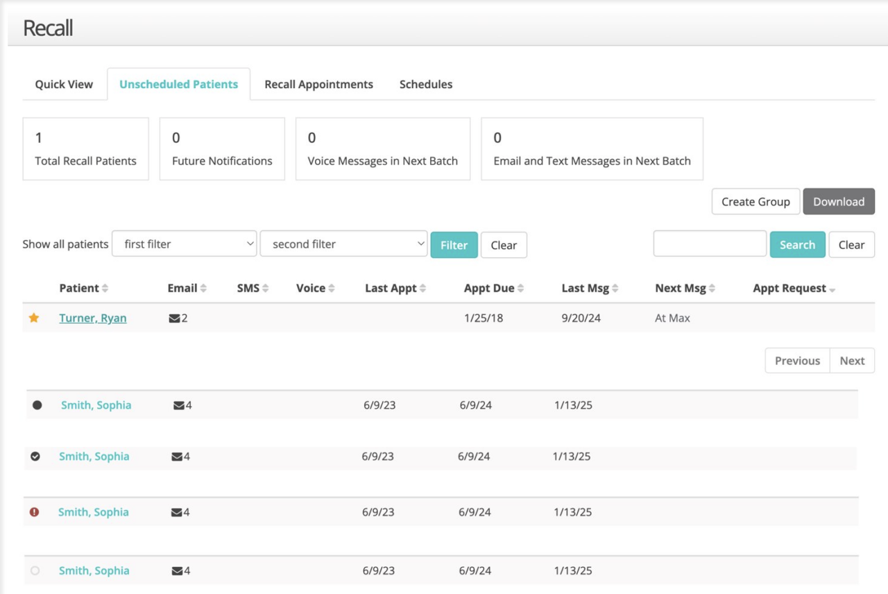 recall added icon toggle to unscheduled patients list image