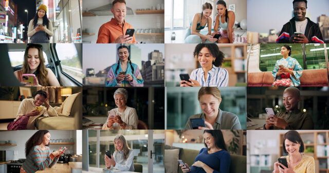 A collage of diverse people in different settings smiling and engaging with their smartphones — indoors, outdoors, in transit, and at home — representing global connectivity and positive digital communication.