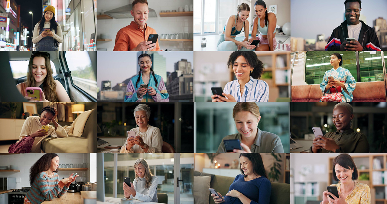 A collage of diverse people in different settings smiling and engaging with their smartphones — indoors, outdoors, in transit, and at home — representing global connectivity and positive digital communication.