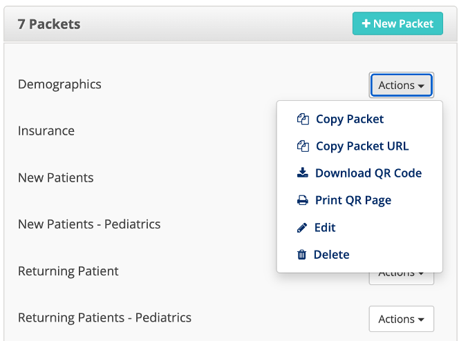Screenshot of an Intake packet settings page showing newly available QR code and shareable URL options for sending intake forms to patients.