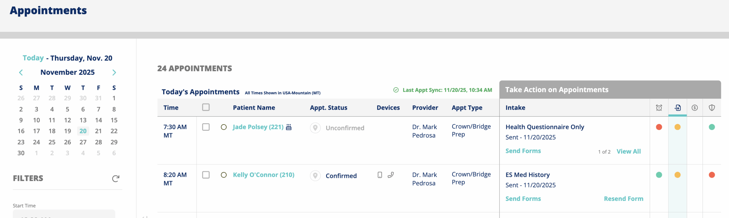 Screenshot of the Intake Take Action Calendar showing the new “Resend” option for forms in Sent or Started status, allowing users to resend forms without opening the platform.