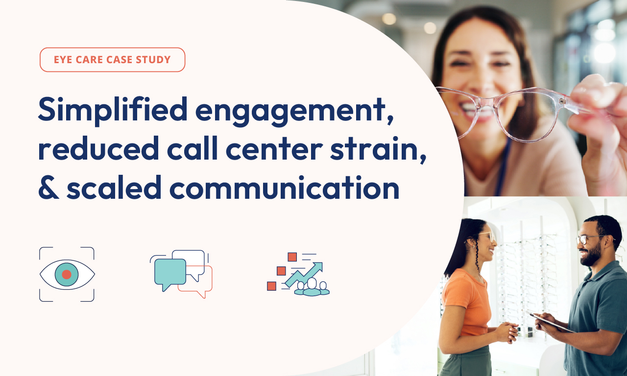 Banner image for an eye care case study titled “Simplified engagement, reduced call center strain, & scaled communication.” The design features a large headline on the left with eye and communication icons below, and on the right, photos of a woman holding eyeglasses toward the camera and an optometrist assisting a patient in a bright clinic setting.