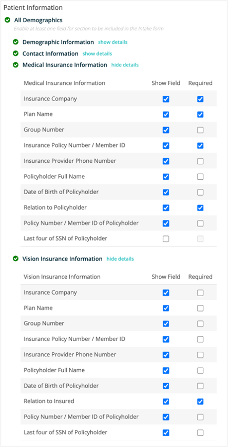 image of intake for medical and vision insurance screenshot 