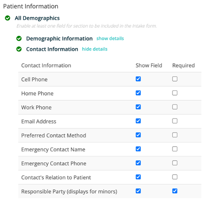 image of Intake – Allow Emergency Contact Required if patient is a minor screenshot