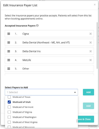 SR Schedule Dental Insurance Payer dropdown in Settings screenshot