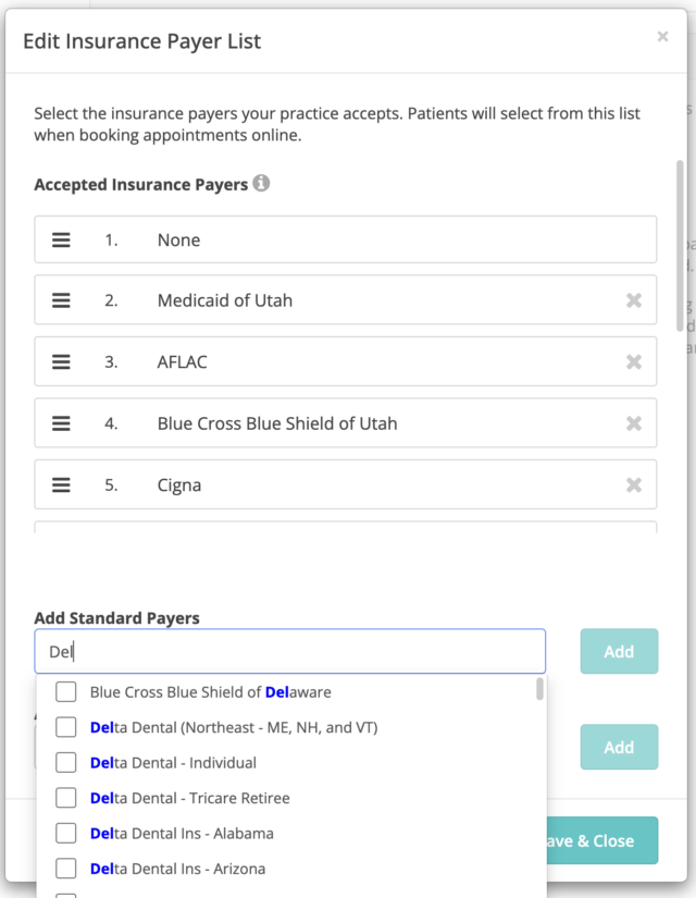 Edit insurance payer list screenshot
