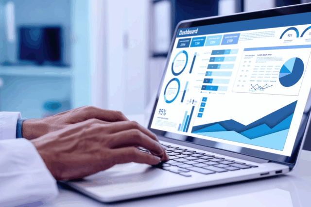 AI-powered dashboard showing healthcare performance metrics and patient engagement analytics on a laptop.