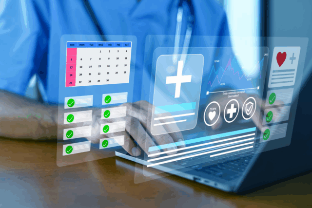 AI-enabled healthcare platform interface showing digital patient records, scheduling tools, and care insights.