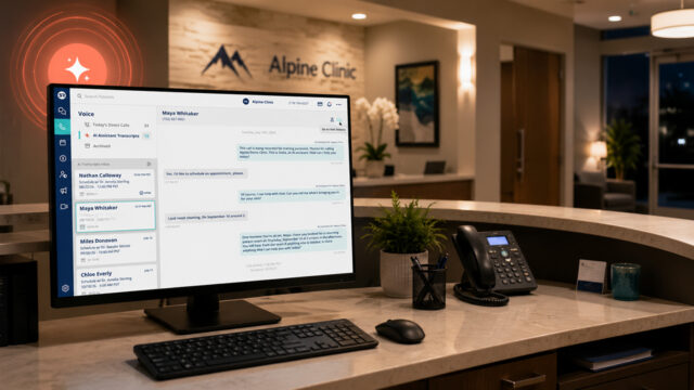 A clinic front desk shows Solutionreach’s AI-powered Virtual Scheduling Assistant on a computer screen, managing patient scheduling conversations and appointment requests in a modern healthcare reception area.