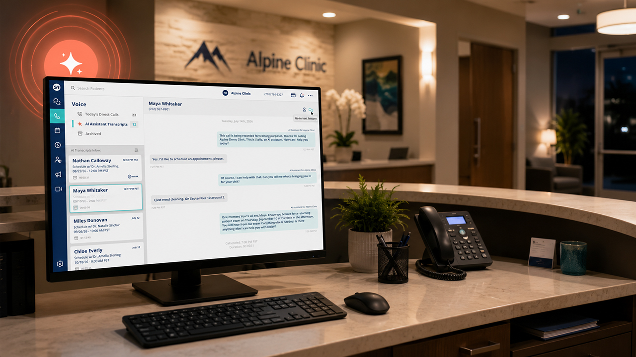A clinic front desk shows Solutionreach’s AI-powered Virtual Scheduling Assistant on a computer screen, managing patient scheduling conversations and appointment requests in a modern healthcare reception area.