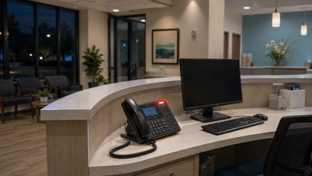 An empty medical office front desk with a ringing phone after hours, showing how missed calls can turn into missed scheduling opportunities without Solutionreach’s AI-powered Virtual Scheduling Assistant.