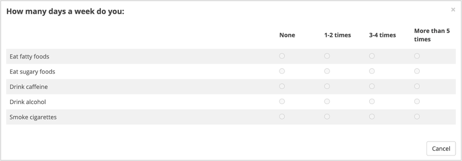 Intake table type questions screenshot