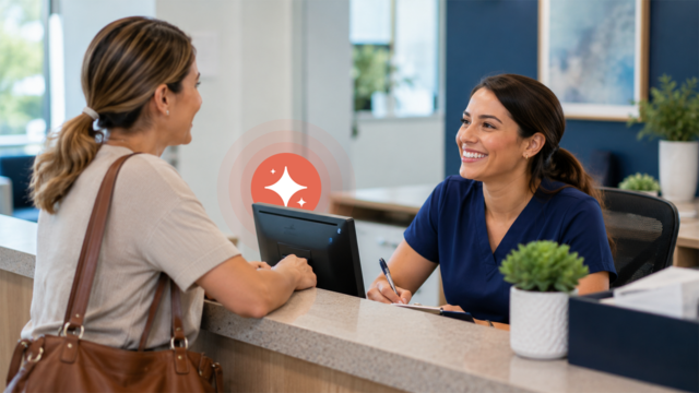 Receptionist smiling patient with pen AI Receptionist AADOM