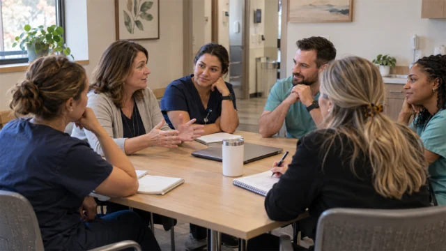 Medical staff and office managers gather around a table for a relaxed team meeting in a bright medical office.