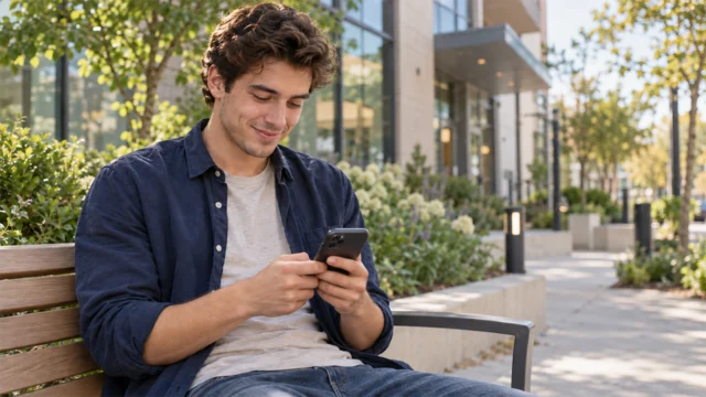 Young adult using his phone on an outdoor bench after an appointment.